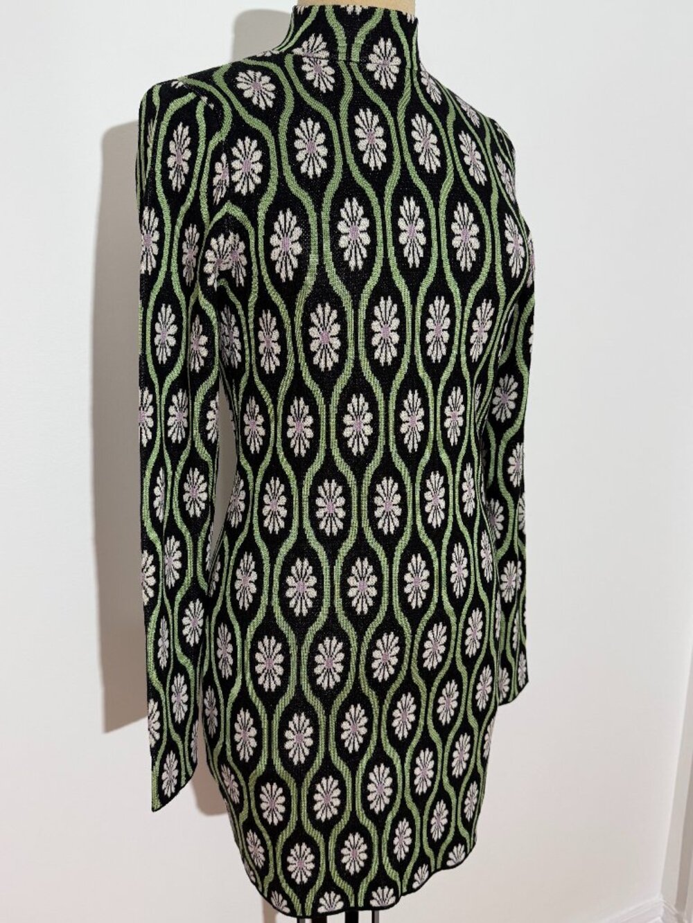 Mango MNG Retro Floral Knitwear Long Sleeve Open Back Mini Dress